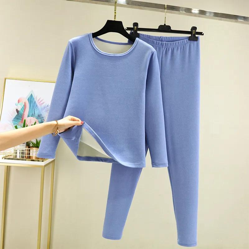 Women's Autumn and Winter Thick Woolen Thermal Underwear Set with Solid Color Base Top and Pants Two-piece Set