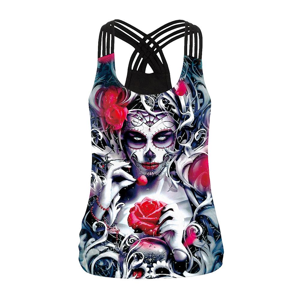 New Rose Skull Digital Printed Vest Women's Sports Running Elastic Skinny Top