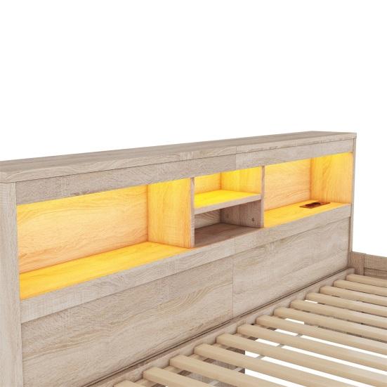 Single Bed Daybed 90x200cm Sofa Bed Bedside Cabinet with 2 USB And Charging Sockets Youth Ambient Lighting Two Drawers Slatted Frame (without