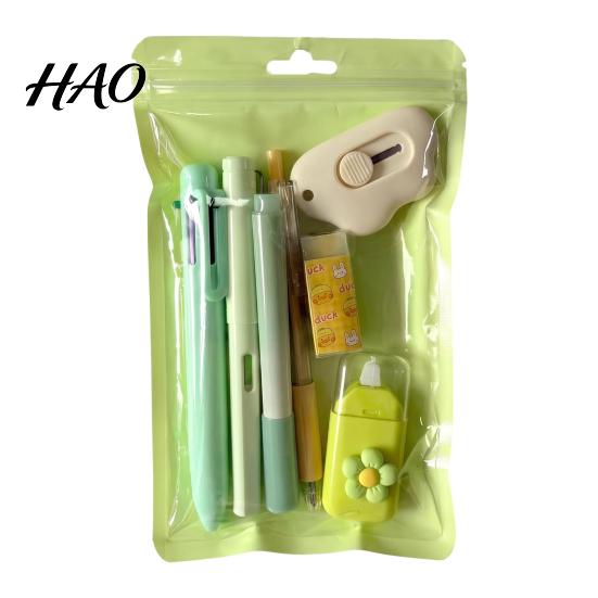 Portable Storage Stationery Case 7PCS Set, Macaron Color Gel Pens/Correction Tape/Cutter/Eraser Include, Learning Supplies Office Records with