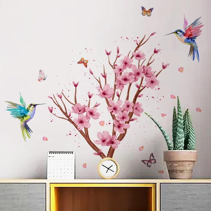 Peach Blossom Branch Bird Butterfly Wall Stickers Bedroom Living Room Background Home Decor Self-Adhesive Wallpaper