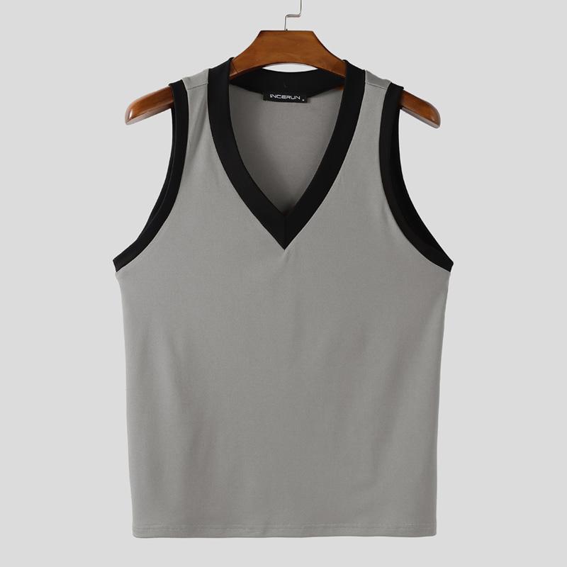 INCERUN Men V Neck Sleeveless Stitching Casual Slim Tank Tops Undershirts