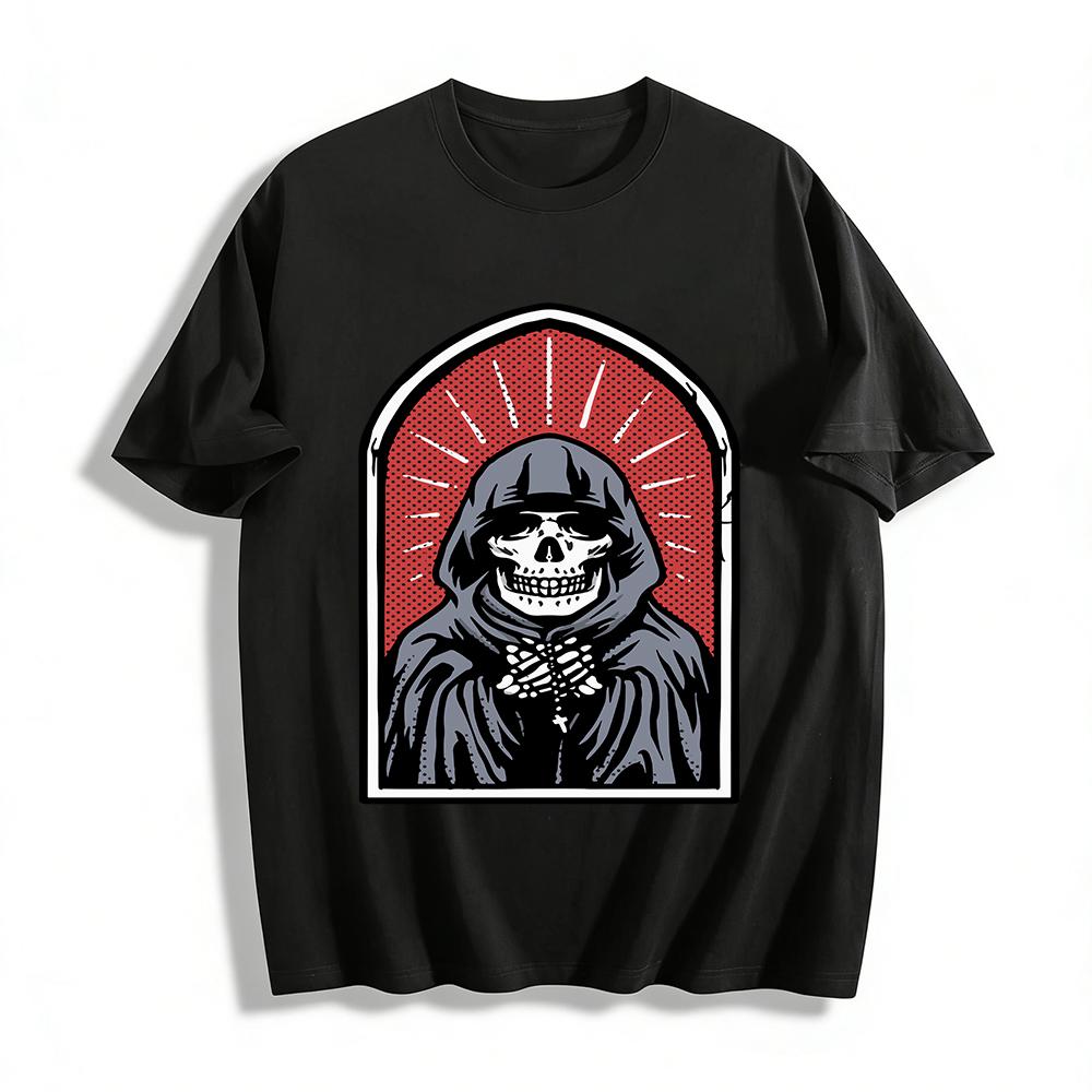 Gothic Grim Reaper Skull Print Hoodie Edgy Streetwear For Men Women Pure cotton T-shirt XXS
