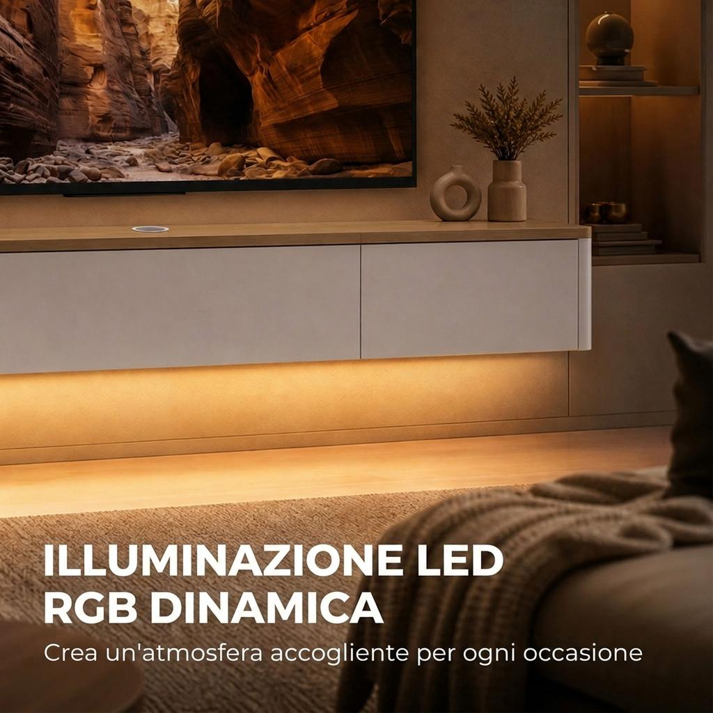 Supporto TV da parete per TV da 65", 2 cassetti, Luci LED RGB, Prese di corrente, Bianco e Legno