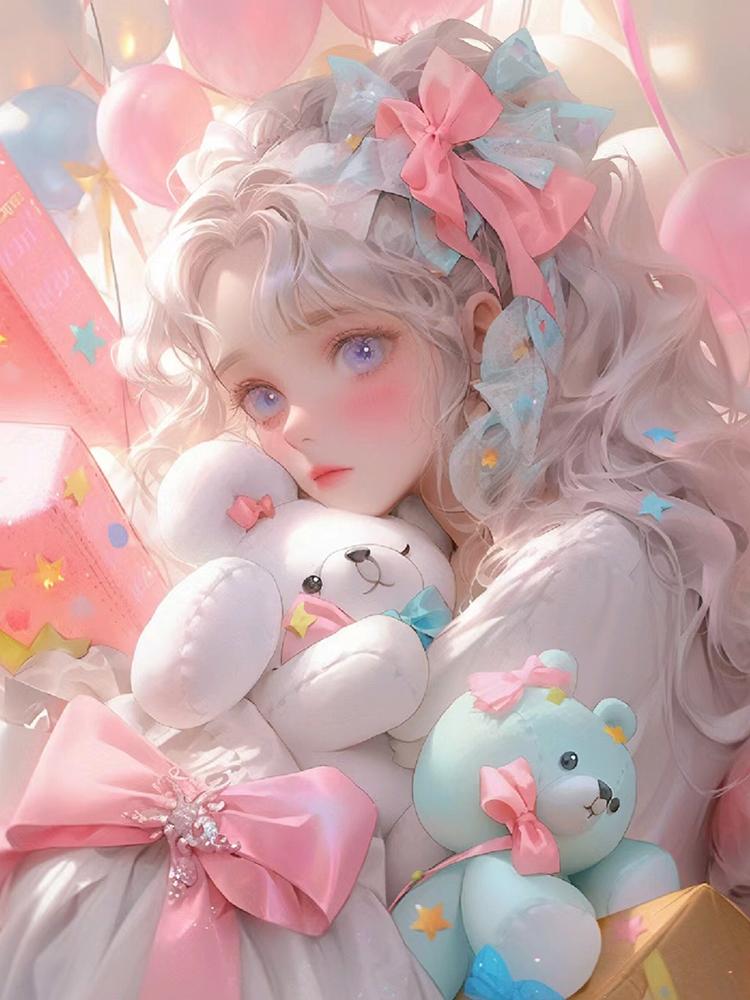 New Diamond Drawing Cartoon Girl and Gift Full Round Cartoon 5D Diy Embroidered Cross Mosaic Home Decoration Gift