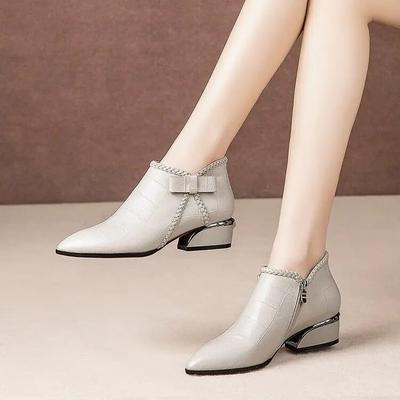 Pointed Toe Beige Square Heel Women Boots 2024 Fashion Butterfly-knot Ankle Boots Zipper PU Leather Rubber