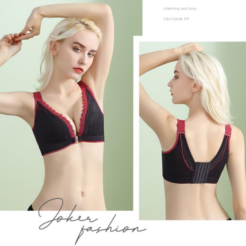Sexy Lace-trimmed Front and Back Buckle Bra with Breathable Cups Plus Size Side Breasts Beautiful Back and Push-up No-rim Bra