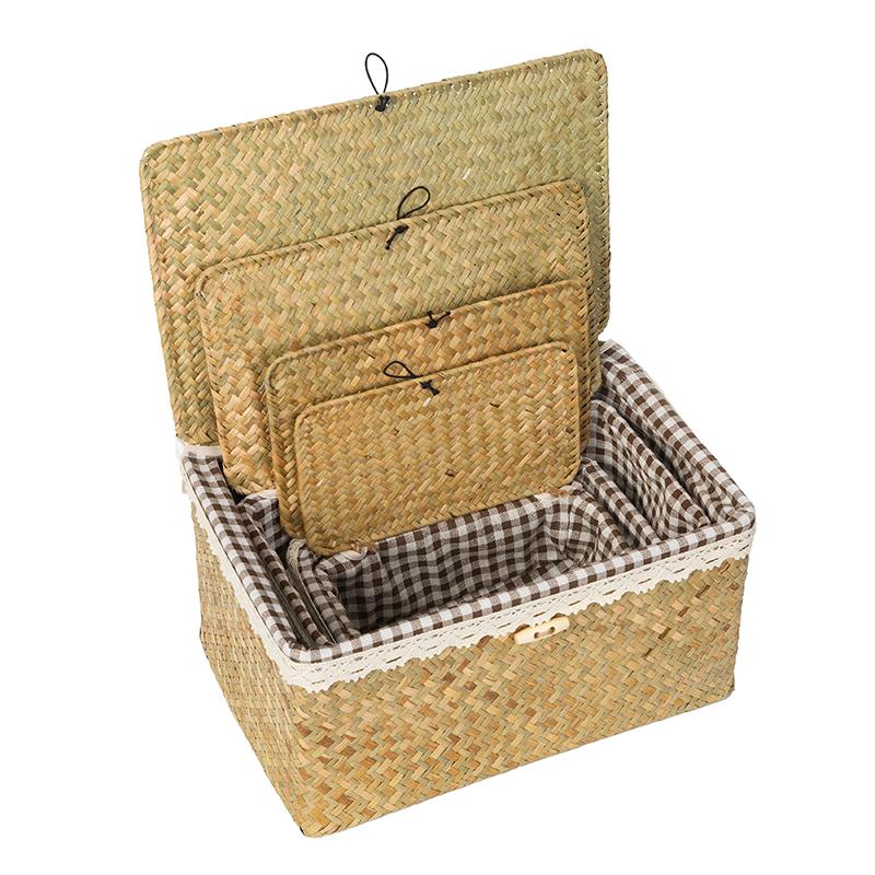 Wicker Basket with Lids Nautral Seagrass Storage Box Basket Woven Rectangular Bins Container Rattan Storage Organizer