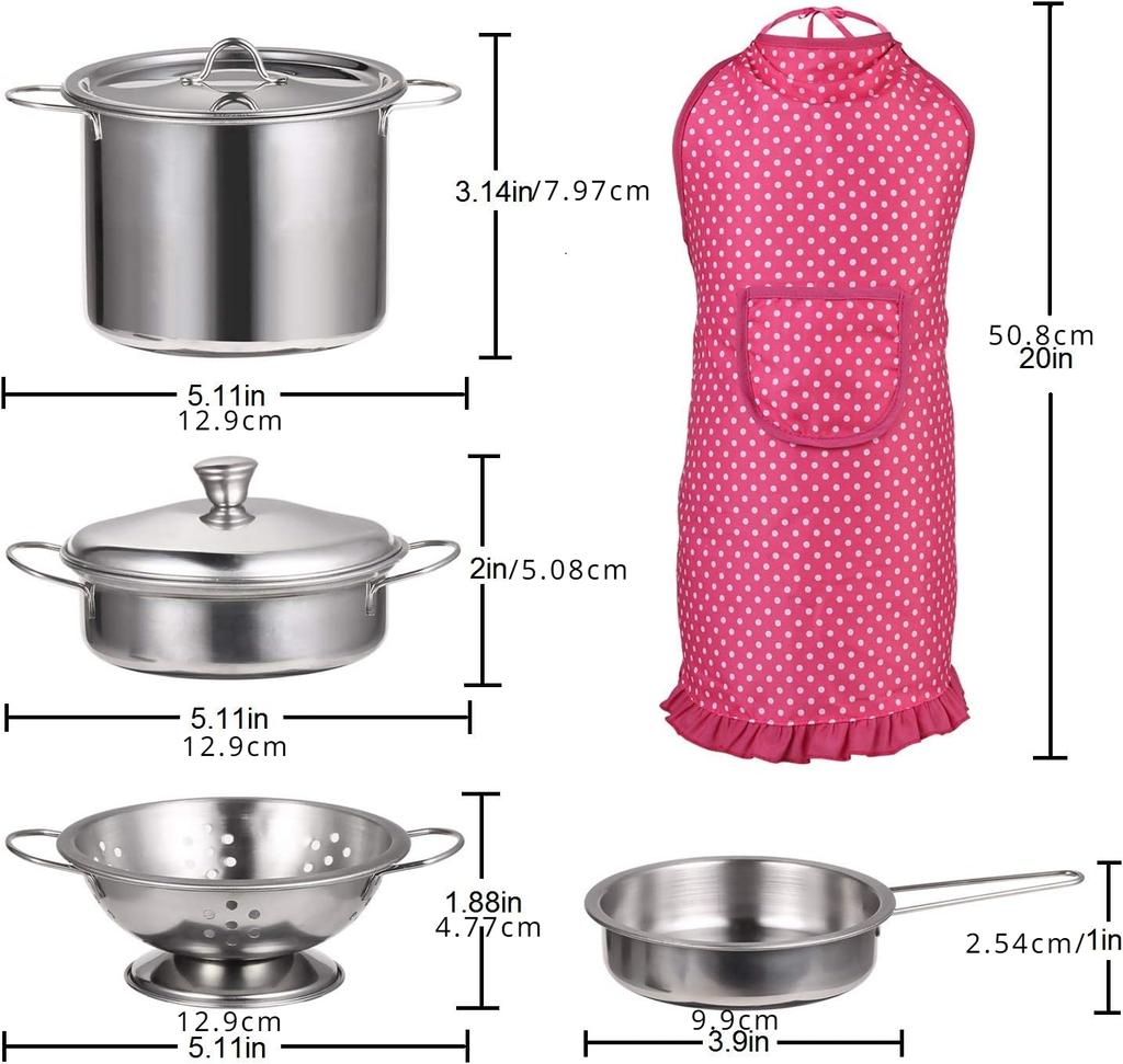 Kitchen Pretend Play Toys with Stainless Steel Cookware Pots and Pans Set, Cooking Utensils, Apron & Chef Hat, Cutting Vegetable