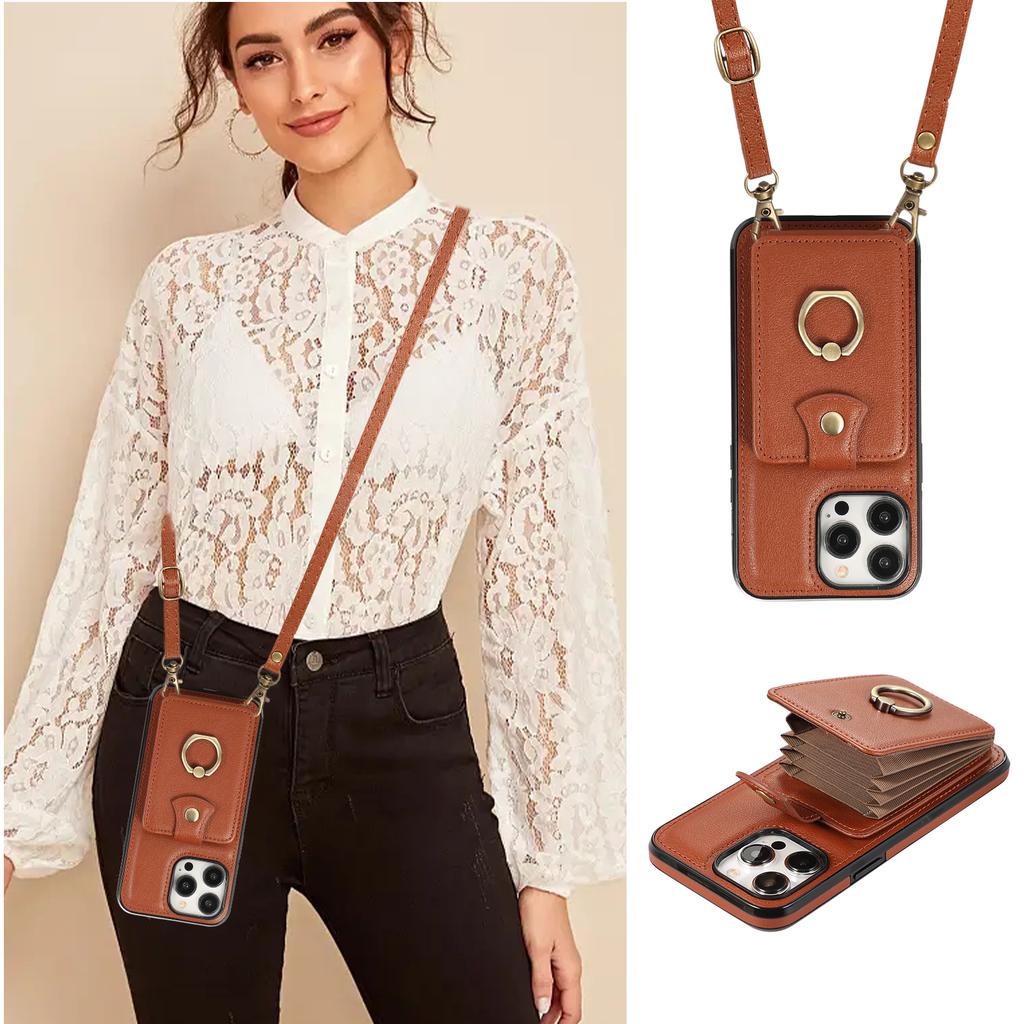 Crossbody Cards Solt Wallet Leather Case For iPhone 16 Pro Max 15 Plus 14 13 12 11 16e Ring Holder Kickstand Package Bag Cover