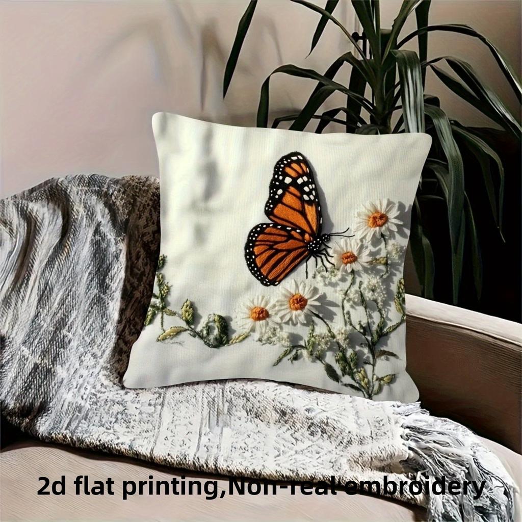 2D Monarch Butterfly Daisy Throw Pillow Cover Vintage Floral Nature Print Decorative Cushion Case For Home Decor