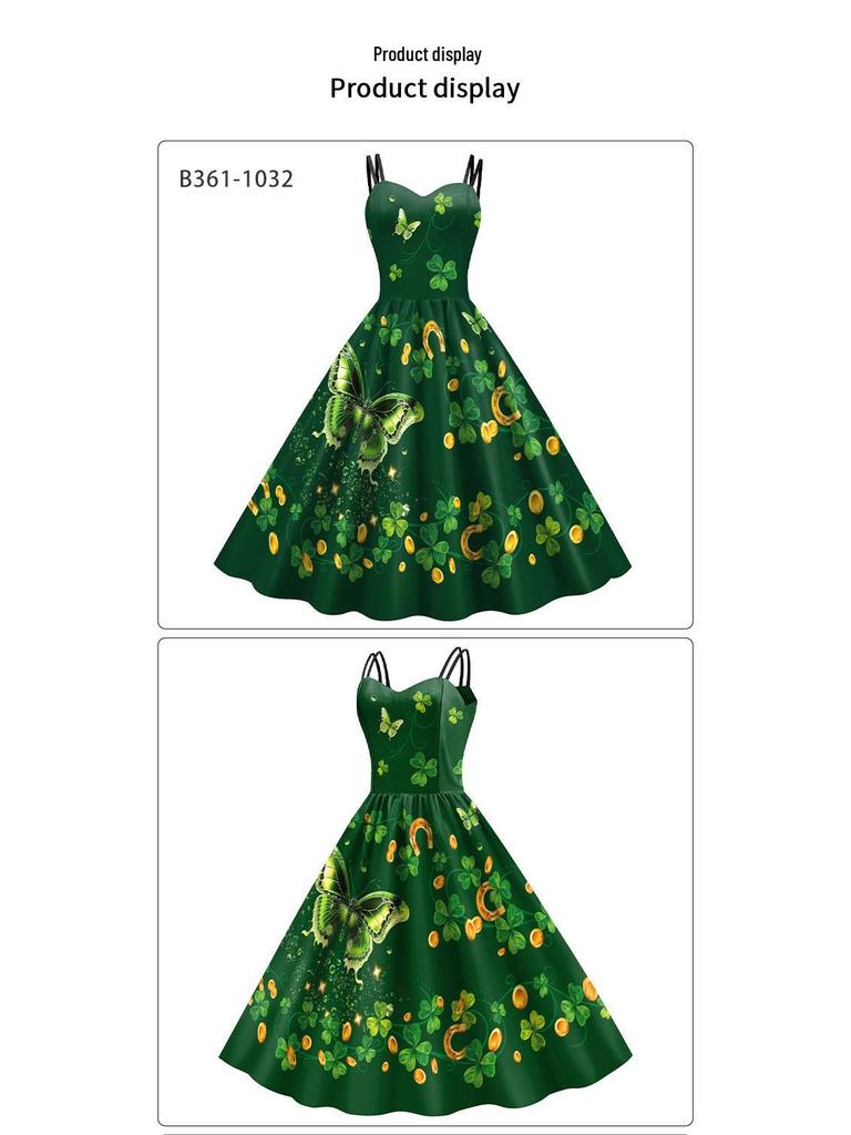 Women's Spaghetti Strap Clover Dress - St. Patrick's Day Irish Festival Clothing