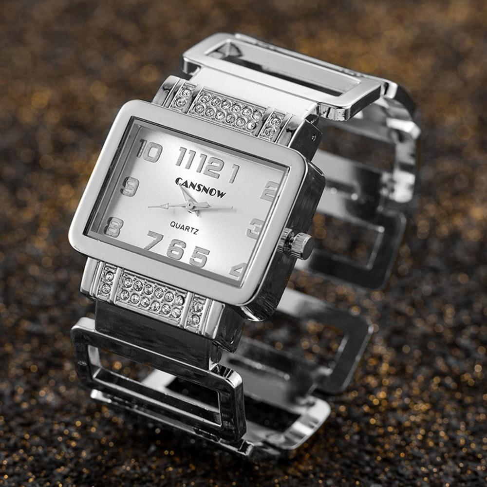 Luxury Elegant Hollow Rectangle Rhinestone Ladies Steel Quartz Wristwatch Gold Silver Bangle Watches for Women Female Fashion Cl