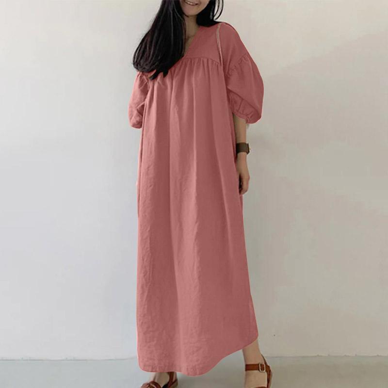 

ZANZEA Women Casual V-Neck Loose 3/4 Sleeve Plain Long Dress L