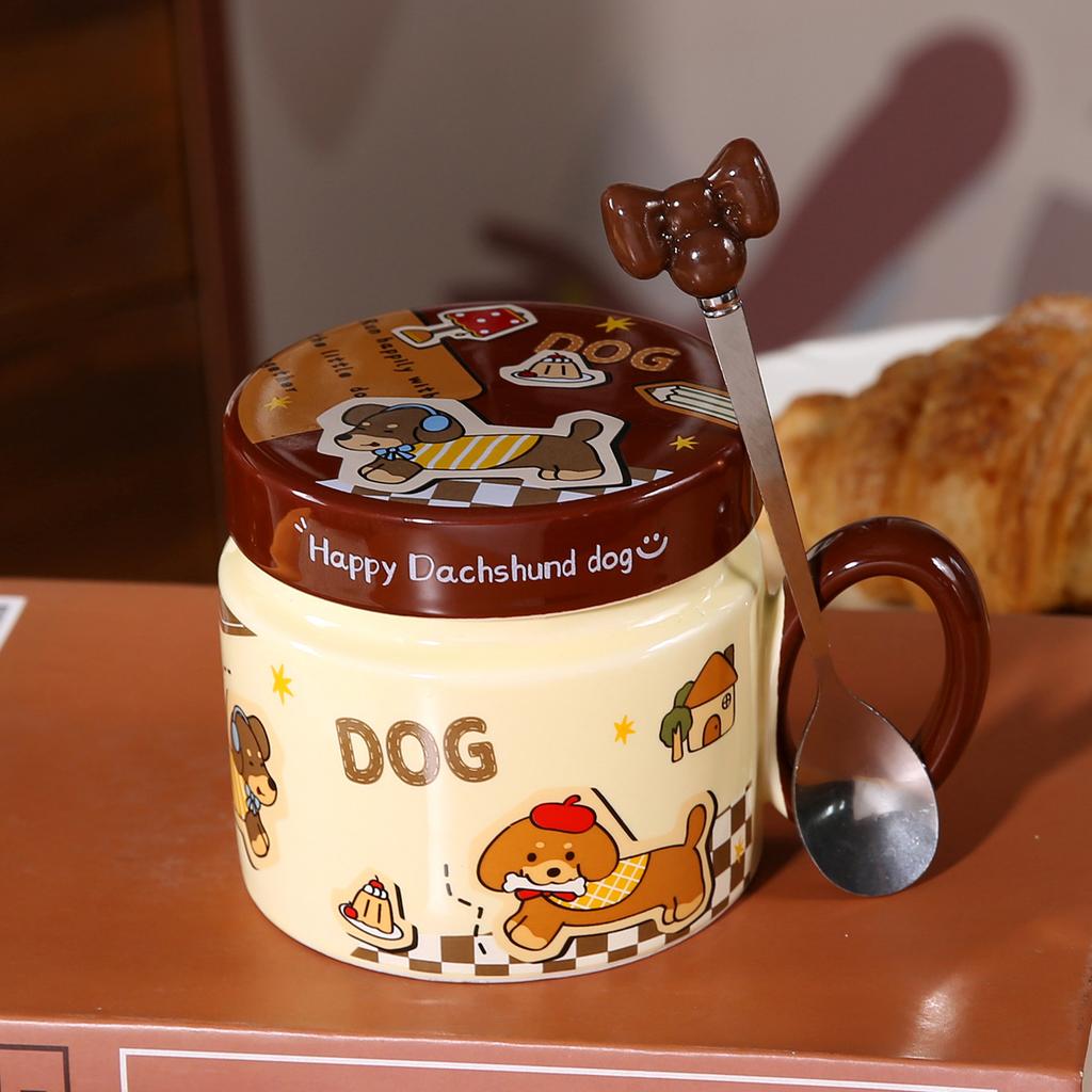 Dackel Keramik Wasserbecher Süße Tasse mit Deckel und Löffel Kreativer Jungenstil Kinder Frühstückstasse Große Kapazität