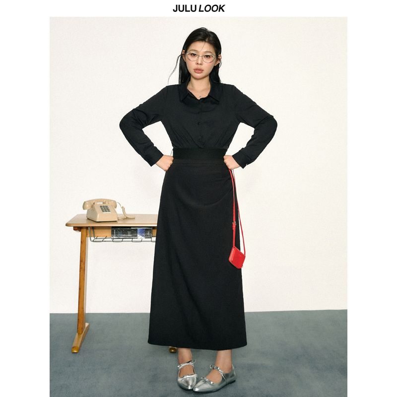 

Julu Studio s Romantic Plus-Size Women s Elegant Shirt/Slimming Skirt Large Size Set Pure Black Skirt M