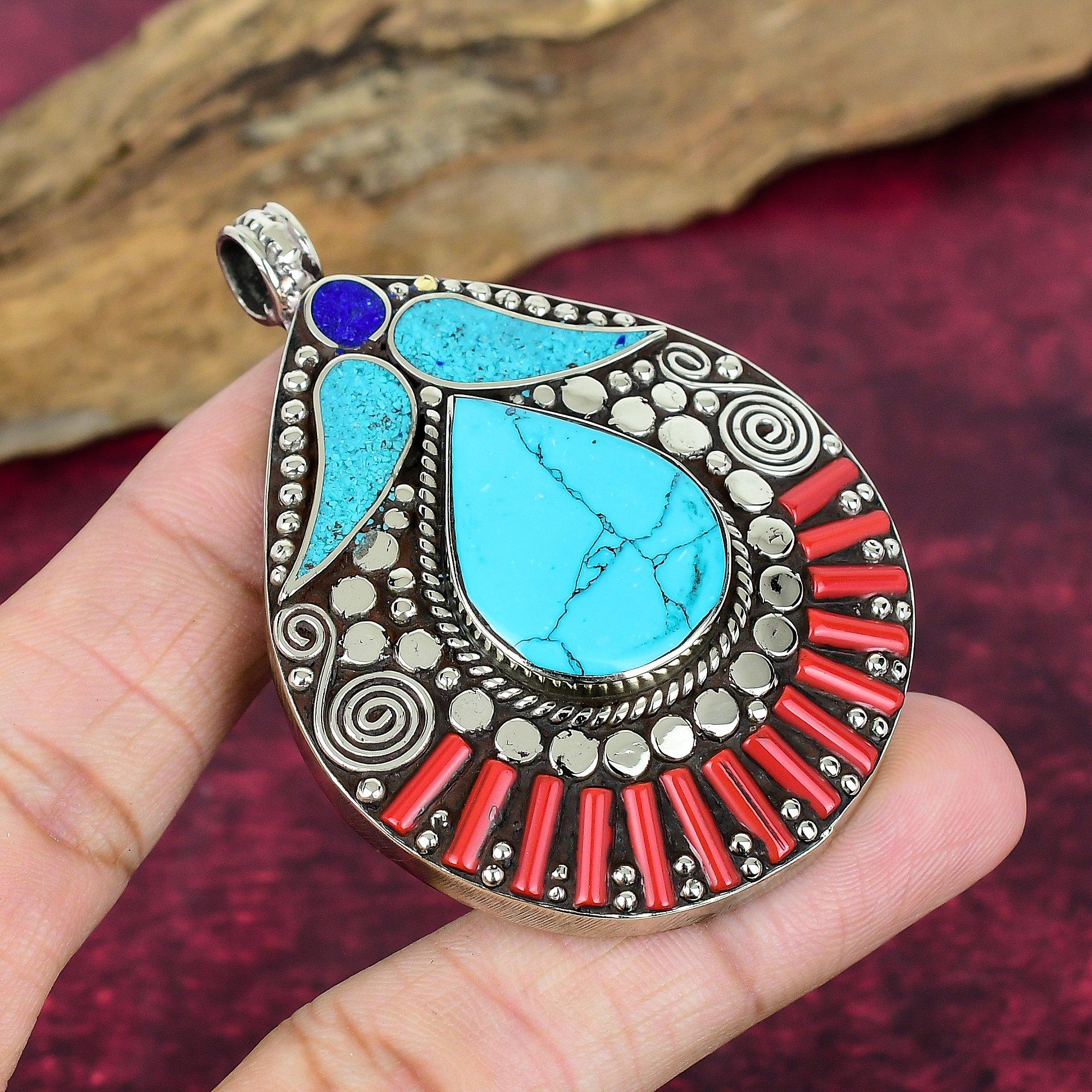 

Turquoise, Lapis Lazuli & Coral Pendant, 925 Solid Sterling Silver Gemstone Jewelry, Handmade Nepali Pendant, For Thanksgiving синий