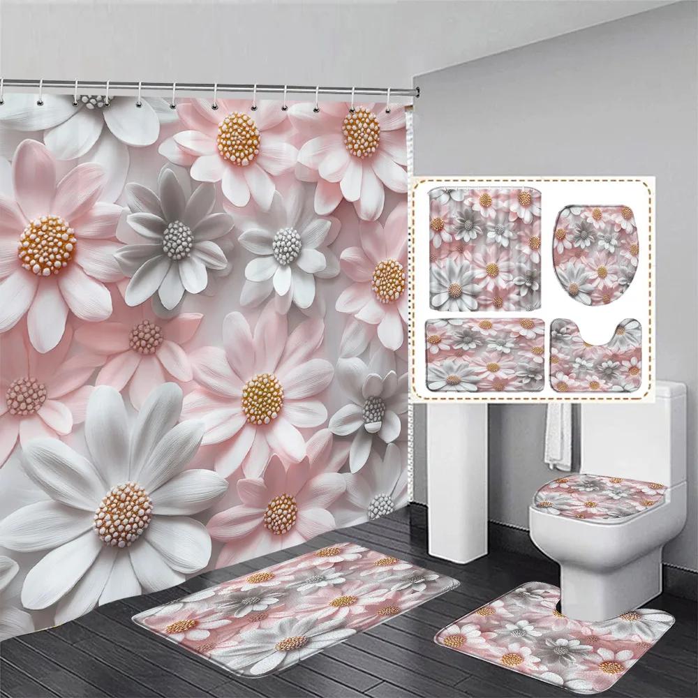 Luxury Pink Floral Butterfly Shower Curtain Set Diamond Flower Art Bathroom Decor Bath Curtains Bath Mats Toilet Lid Cover