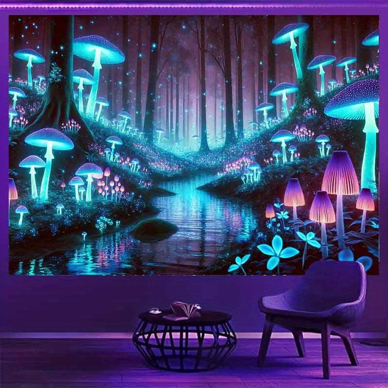 1 Piece Fluorescent Mushroom Forest Tapestry -Polyester Material, Bedroom/Living Room/Dorm Decoration-With Free Installation Kit