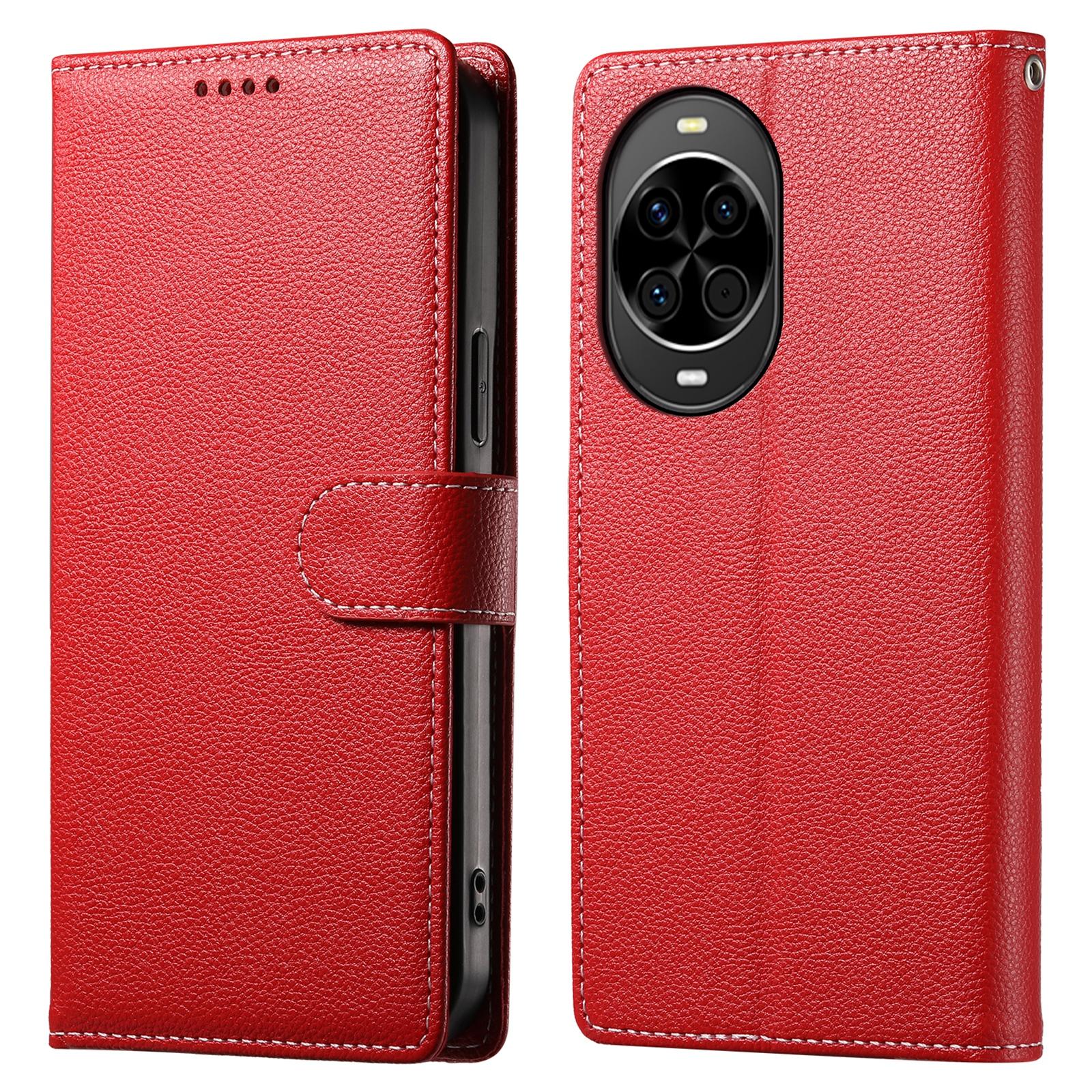 

For Huawei nova 14 5G Case Magnetic Snap Litchi Texture Leather Wallet Phone Cover with Wrist Strap Red