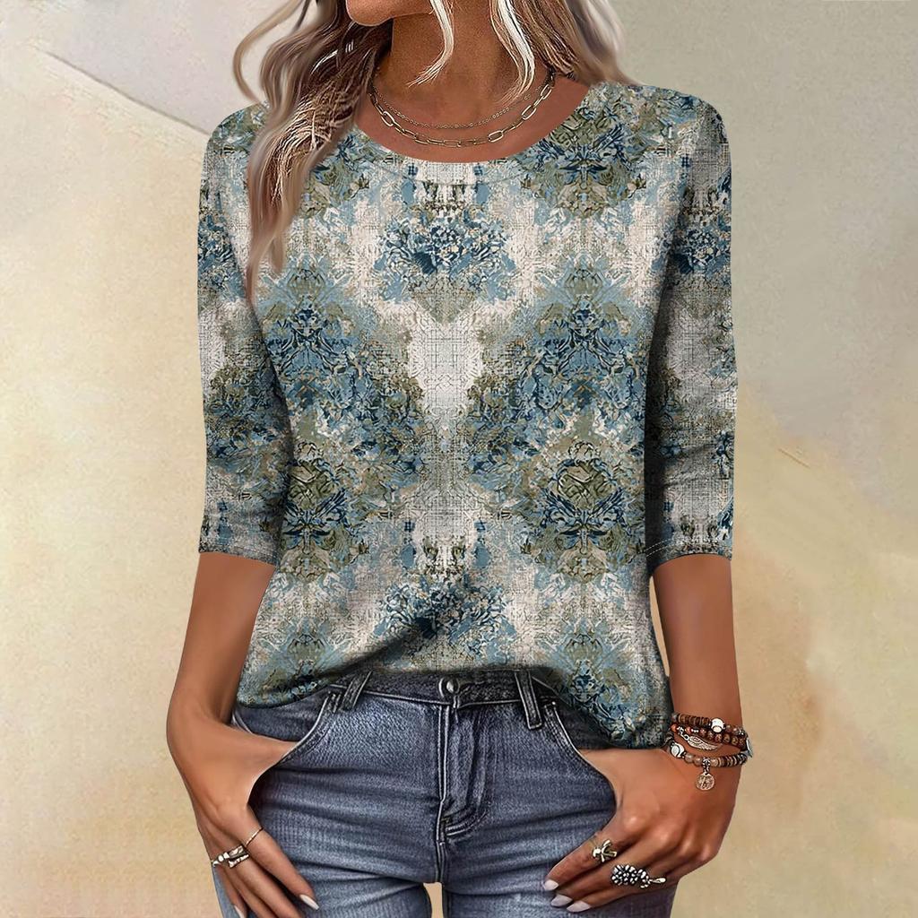 Trendy Vintage 3/4 Sleeve Top For Women,Ladies Casual Three Quarter Sleeve Round Collar Printed T-Shirt Blouse