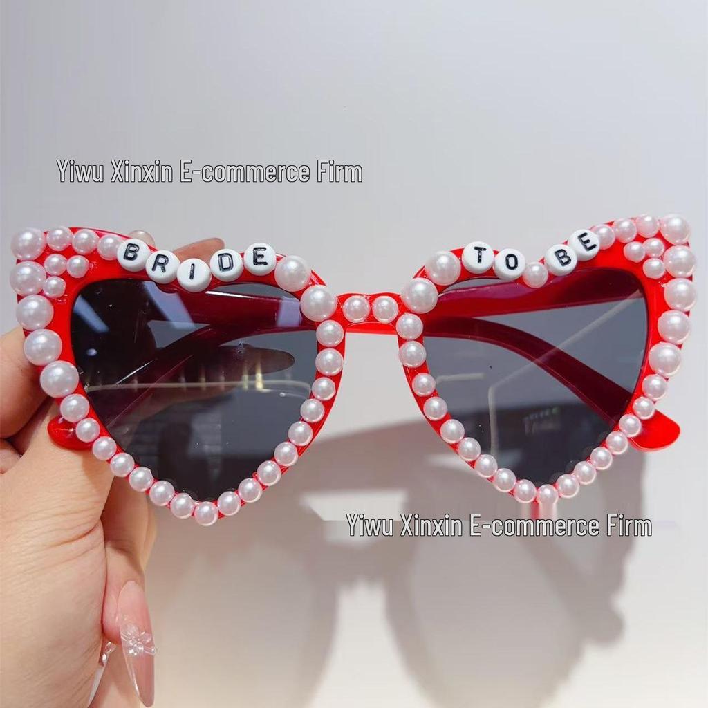Crystal Heart Bride Sunglasses with Rhinestones & Pearls - Women's Bachelorette Party Accessory