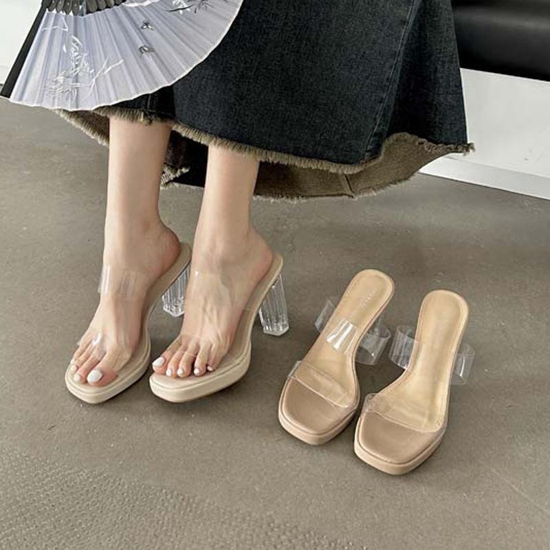 Uma palavra com salto super alto transparente, mesa impermeável, salto grosso, chinelos cool, novo verão feminino, tamanho pequeno, saltos altos de cristal