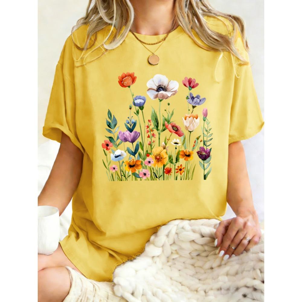 Retro Beautiful Wildflowers Flower Clusters Print Womens T Shirts Cotton T-Shirt Summer O-Neck Clothes Loose Sportswear