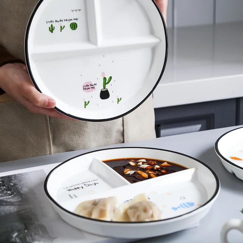 Three Partition Ceramic Dinner Plate Cute Children's Lunch Plate Student Dumplings Dinner Plate Cutlery Set