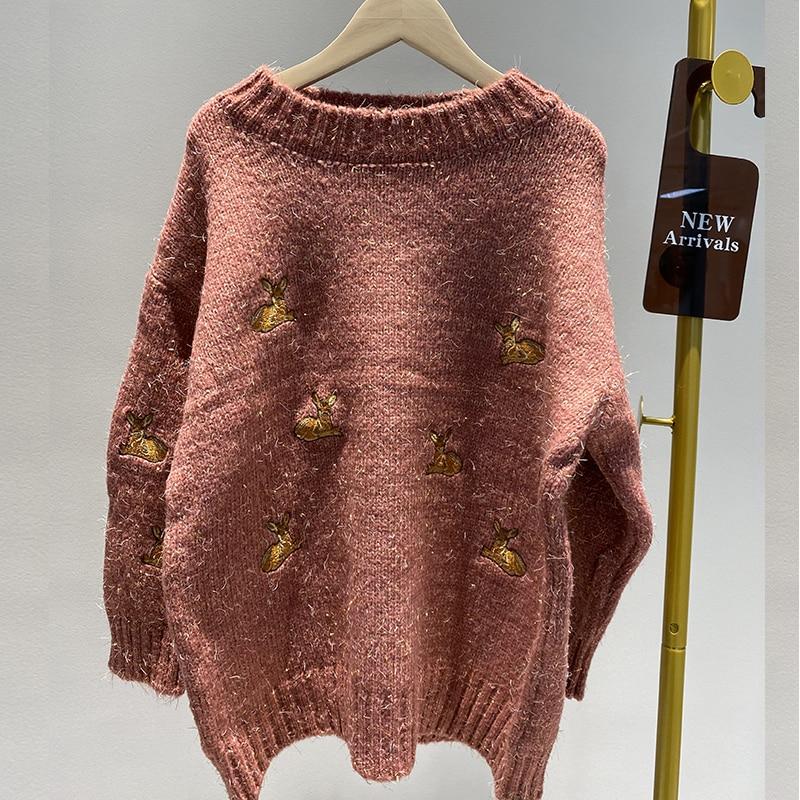 

2025 Женские золотые свитера Ulzzang Vintage College Deer Вышитый свитер Женский толстый милый свободный Harajuku Одежда One Size розовый