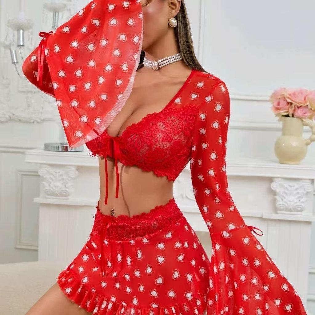 Love Heart Lace Lingerie Set: Transparent Bra, Short Skirt & Thong with Thin Straps - Sexy & Fun 3-Piece Pajamas.