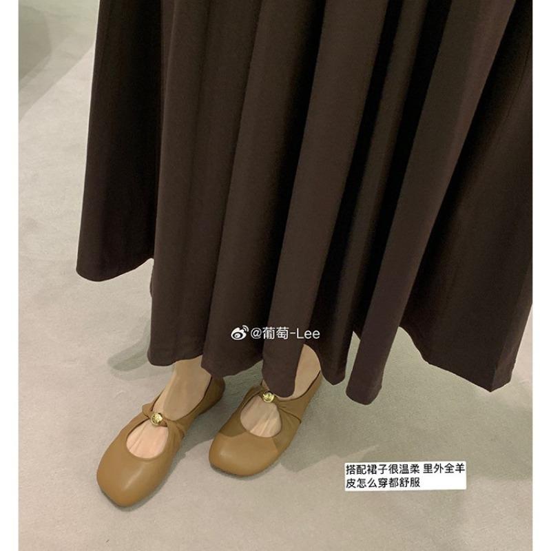 ~ Kink Small Gold Buckle Fashionable Apple Head Soft Waxy Sheepskin Low Heel Single Shoes Women's Spring and Autumn