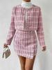 Pink Tweed Two Piece Set Long Sleeve Cropped Jacket High Waist Mini Skirt Gold Buttons