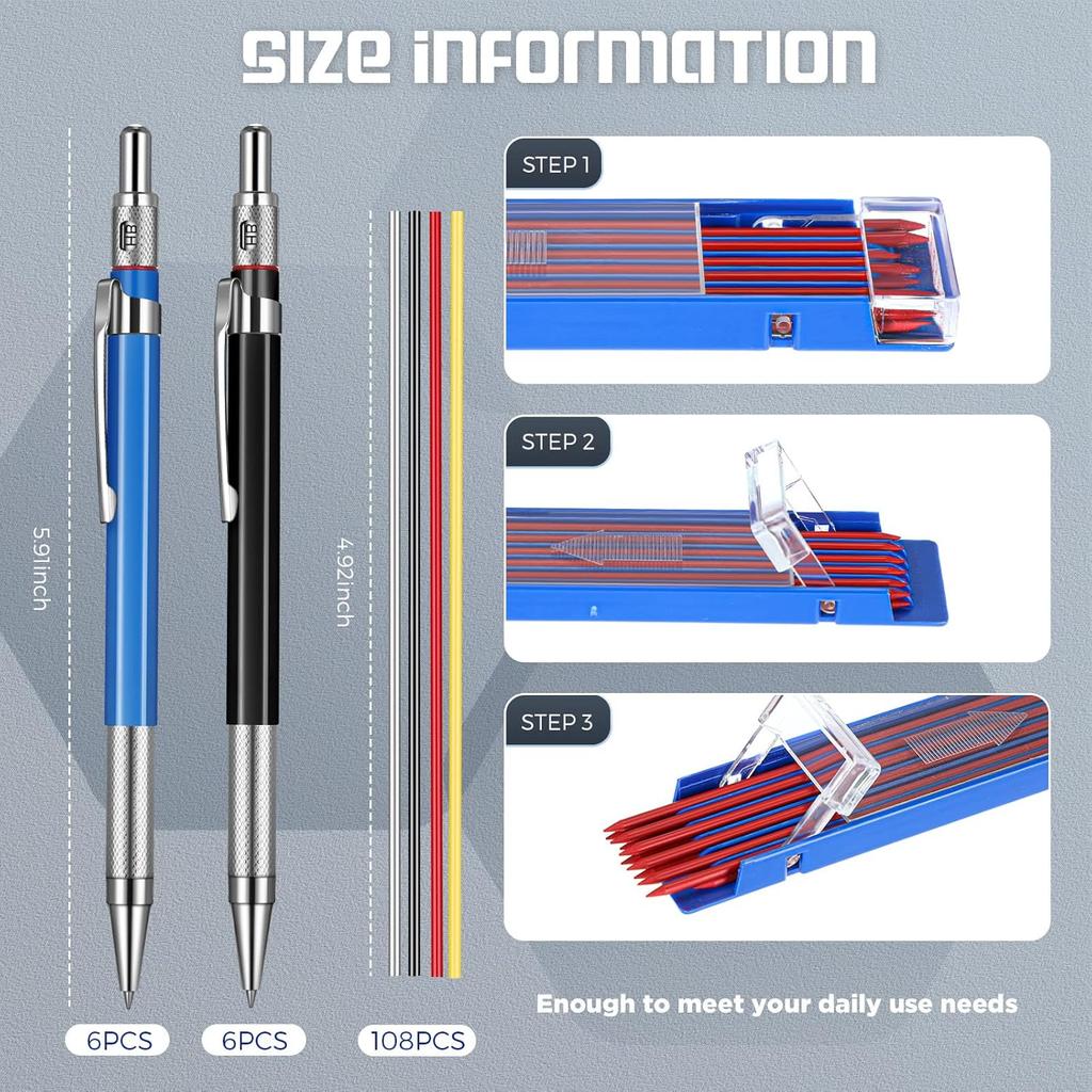 Nezyo 12 Pieces Welder Pencil with 108 Pieces Round Refills Mechanical Metal Pencil Marker with Built in Sharpener Pen for Construction Workers,