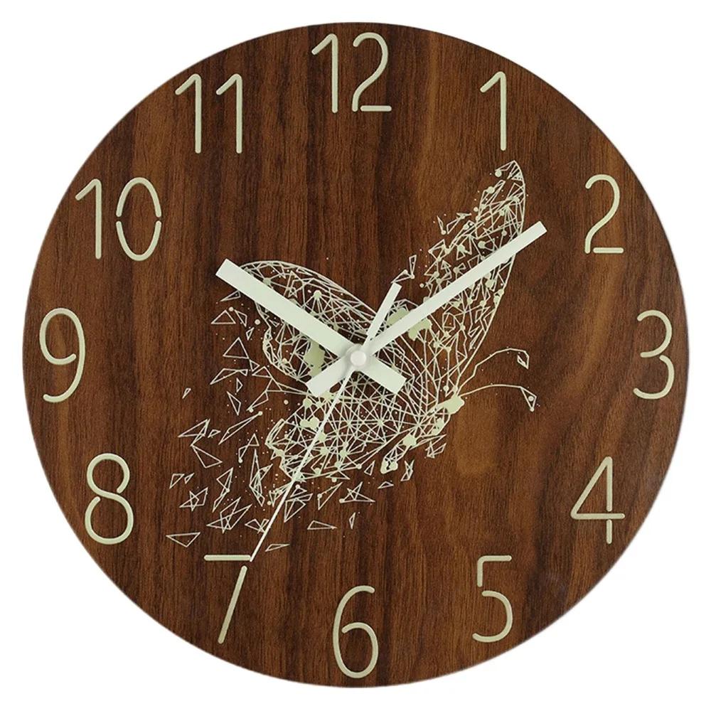 8 Inch Luminous Wall Clock Nordic Wood Grain Digital Clock Battery Operated Quartz Wall Clock Home Living Room Decoration 8 inch