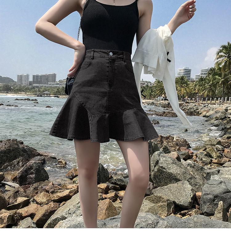 Denim Skirt Ladies Short Fishtail Retro High Waist Ruffled Hip A-line Skirt