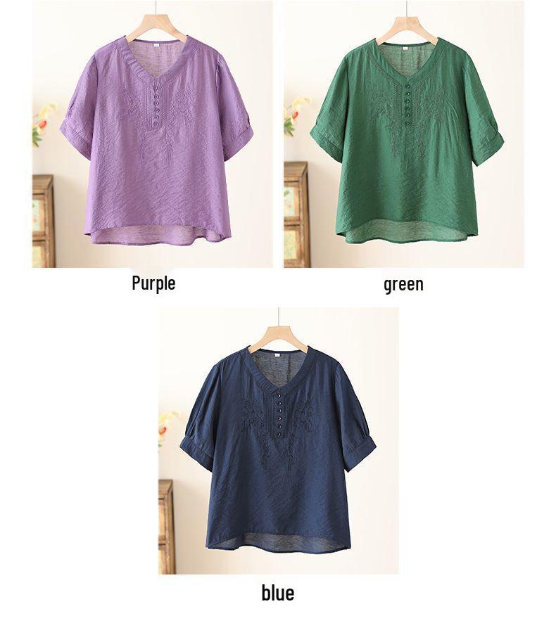 Women's Tencel Linen Embroidered Short-Sleeve Top & Pants Set for Summer - Middle-Aged Mother's Style.