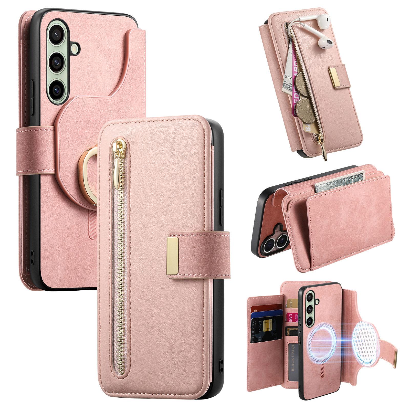 

For Samsung Galaxy A25 5G (Global) (161.0 x 76.5 x 8.3mm) Magnetic Leather Case with Detachable RFID Blocking Zipper Wallet Cover Pink