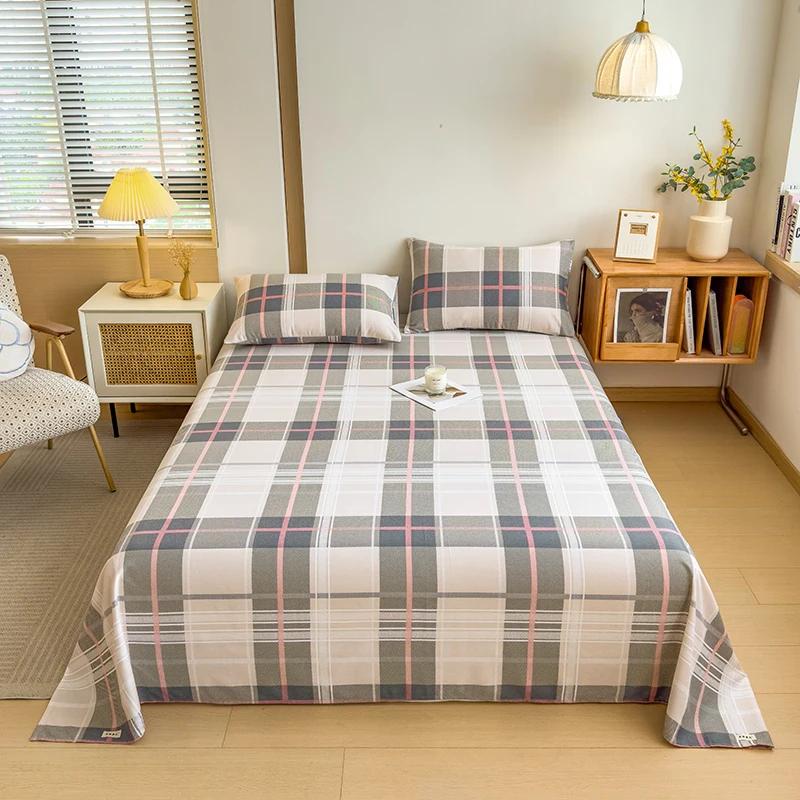 Geometric Plaid Pattern Bed Sheet Set Simple Grid Flat Sheet 100% Cotton Bedding Breathable Durable Sheets with 2 Pillowcases
