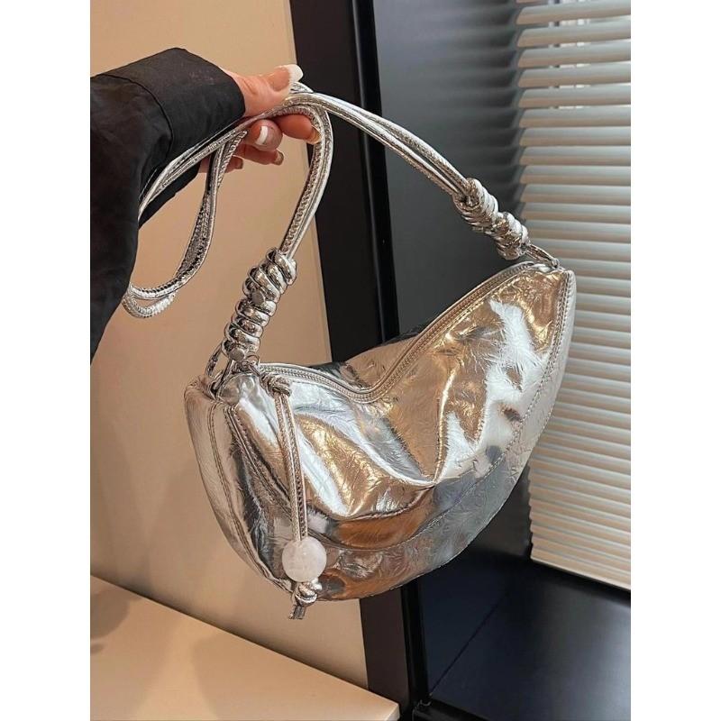 IELGY Silver Lightweight Exquisite All-Match Soft Leather Dumpling Bag Shoulder Messenger Bag