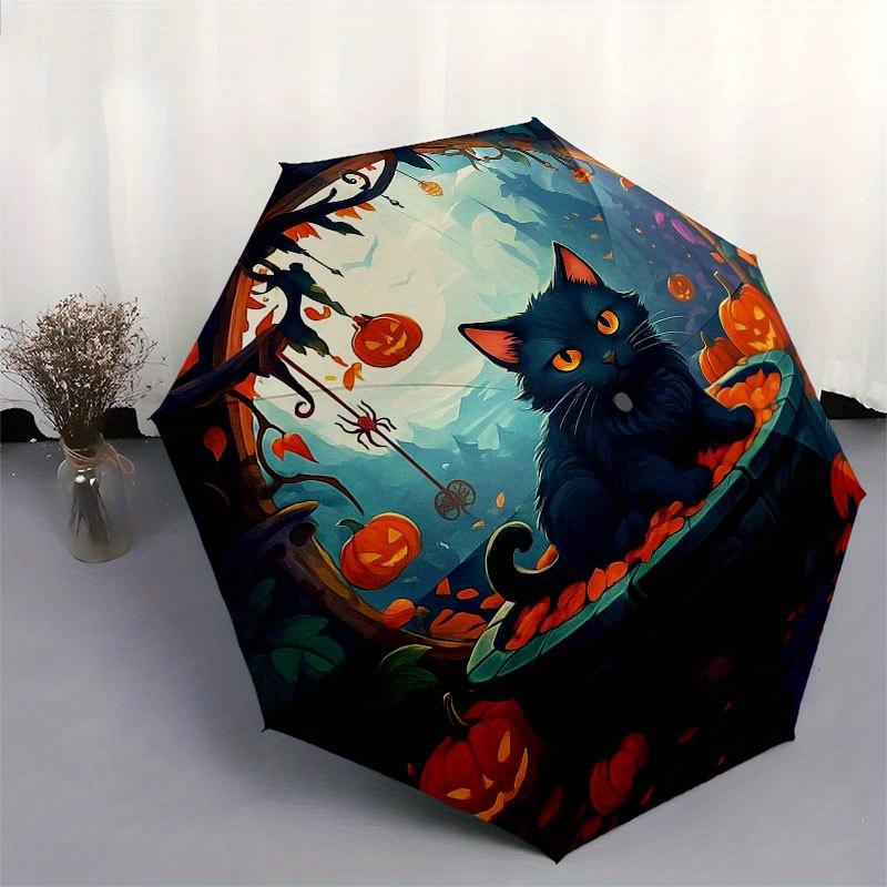 Halloween Black Cat with Pumpkins Round Rug Umbrella, Portable 3-Fold Compact Umbrella for Men & Women R145