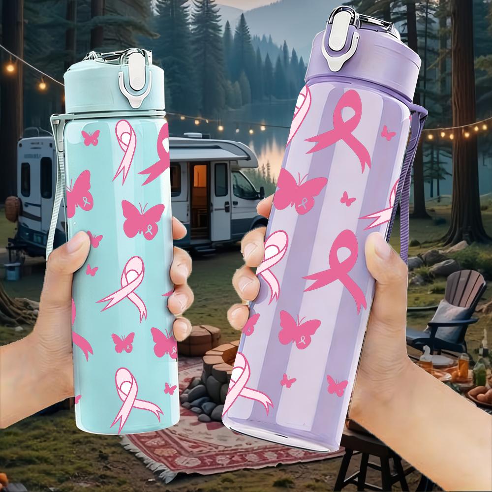 1 PZ Nastro Rosa Simbolo di Consapevolezza Texture 750ml Colore Plastica Borraccia Tappo a Vite Anti-perdita Con Cannuccia Pieghevole Per Sport Ufficio Uso Domestico