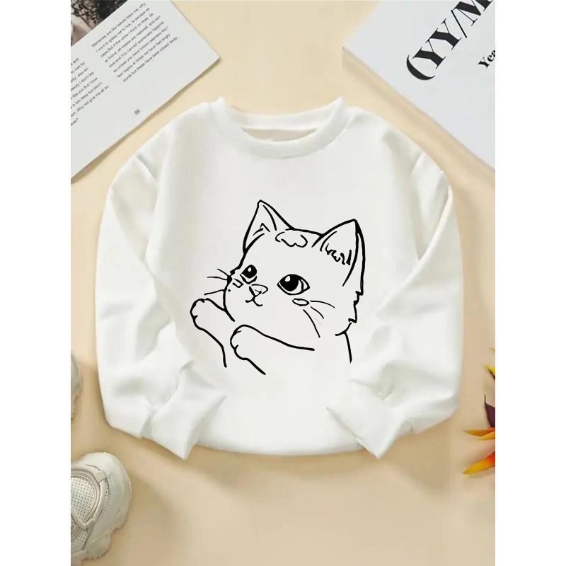 Kids Crewneck Sweatshirt, Minimalist Cat Face Line Sketch Graphic Print,Spring Autumn Casual Sport Tops