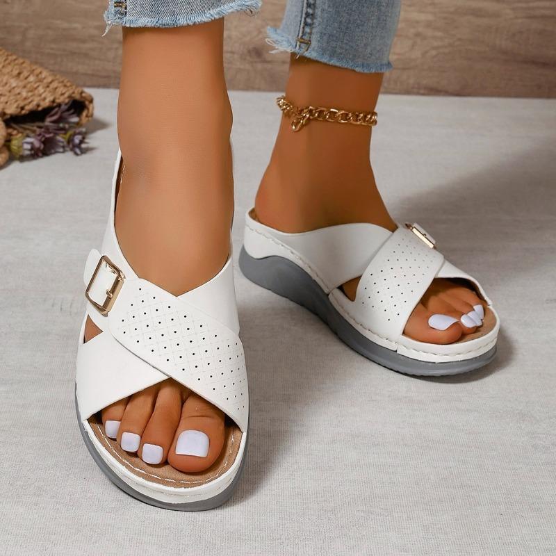 Large Size Buckle Women's Slippers Summer New Slope Heel Sandals Cross Belt Beach Cool Slippers Women