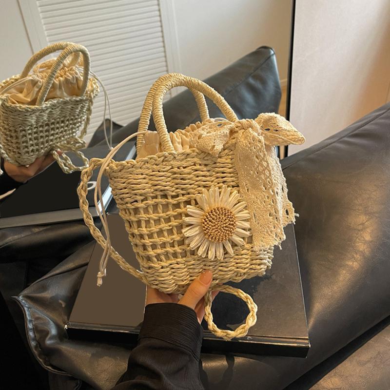 Yogodlns Stroh Handgefertigt Sommerurlaub Gewebt Damen Floral Dekor Kleine Umhängetasche Böhmisch Strand Reise Korb Crossbody Taschen