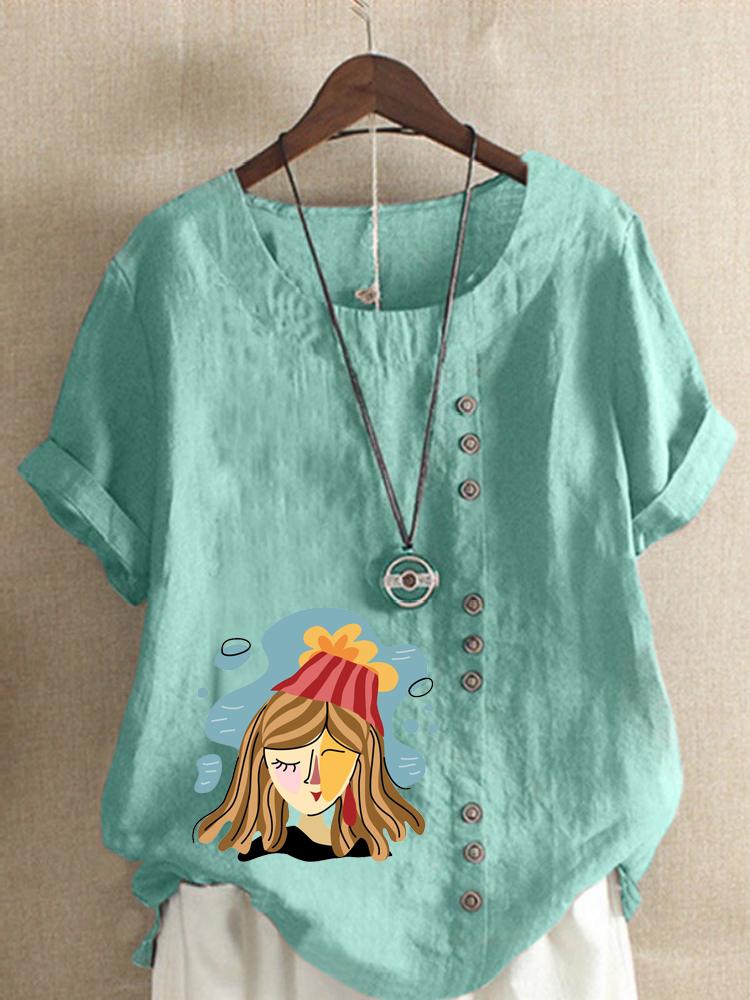 Women's Fashion Abstract Girl Print Round Neck Short Sleeve T-shirt Summer Casual Cotton Linen Graphic Shirt Leisure Loose Blouse Tops