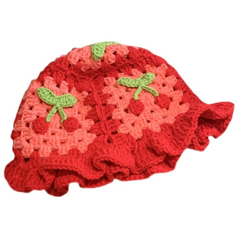 Trendy Knitted Basin Hat Flower Pattern Fisherman Hat Women Crochet Bucket Hat for Outdoor Climbing Camping Hiking