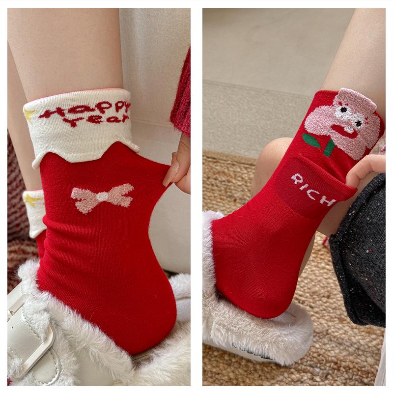 Women's Christmas Red Cartoon Mid-Calf Socks for Autumn and Winter