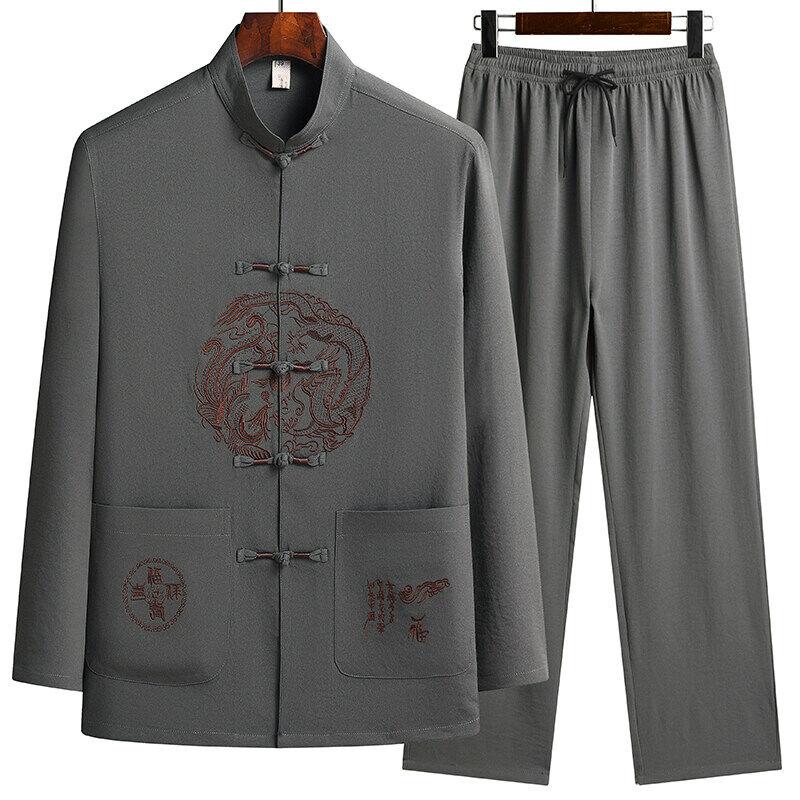 Male Printing Chinese Style Long Sleeves Shirts Trouser Cotton Silk Fabric Sportswear Men's Casual Sets Shirts + Pants