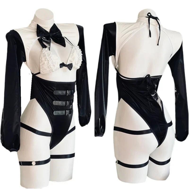 Sexy Anime Sexy Maid Girl Bow Hollow Uniform Cosplay Costume Bra Belt Dark Underwear Set Roleplay Outfit See Through Nightwear